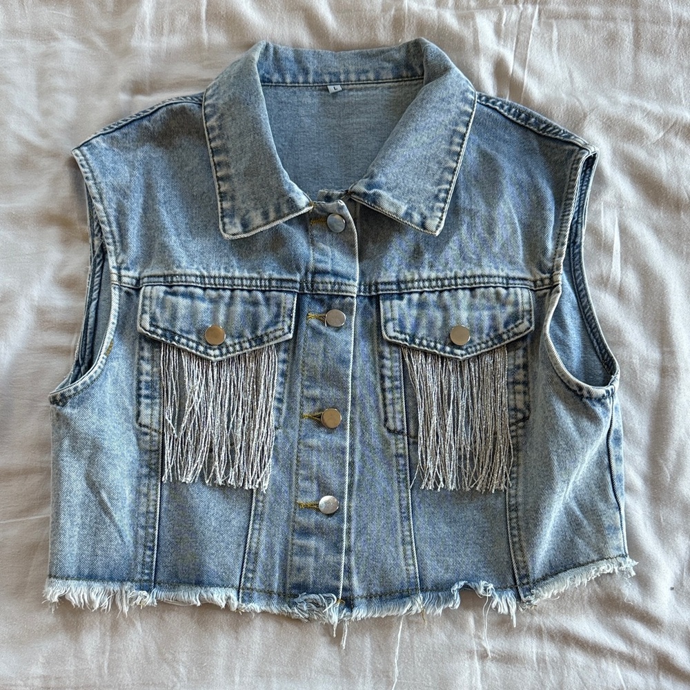 Fringe Cropped Denim Vest